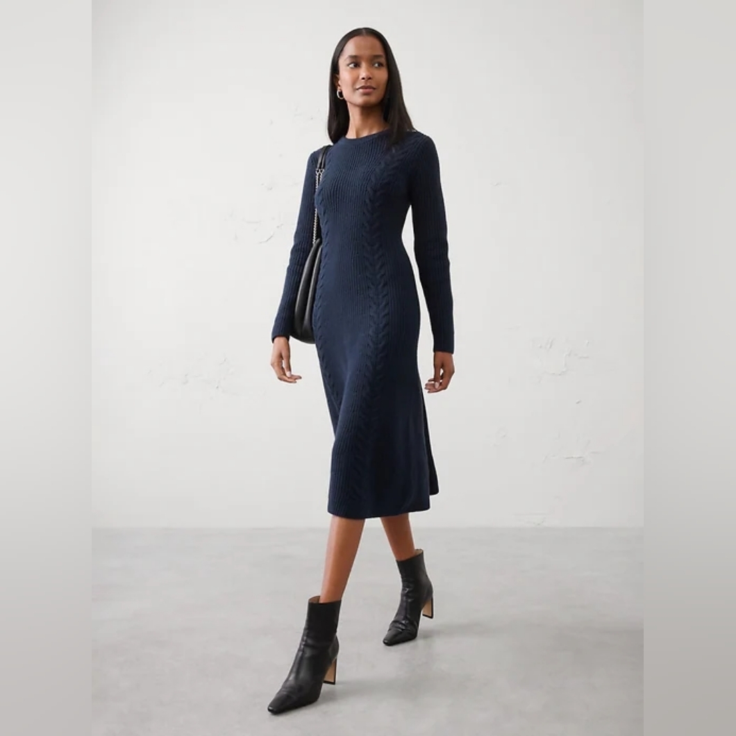 Nwt - Banana Republic Cotton Blend Crew Neck Cable Midi Sweater Dress - Size L